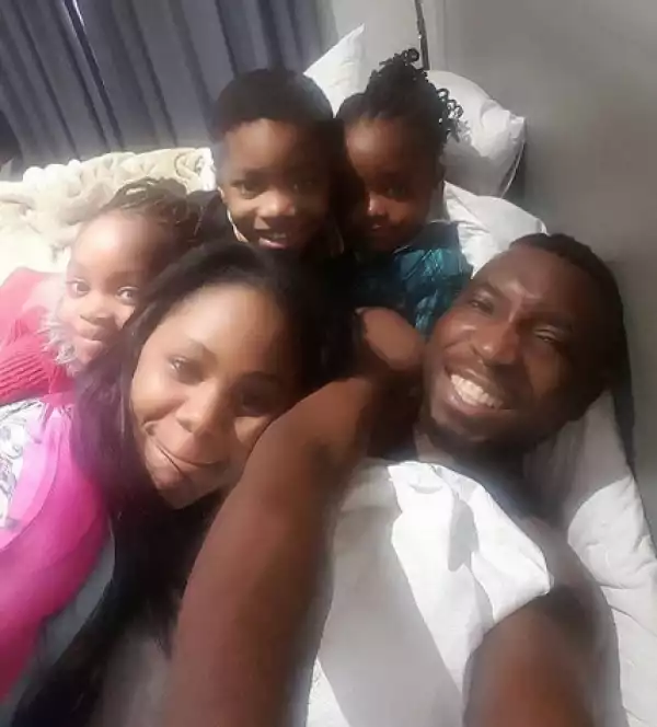 Adorable bedroom photo of singer Timi Dakolo, his wife & 3 children
